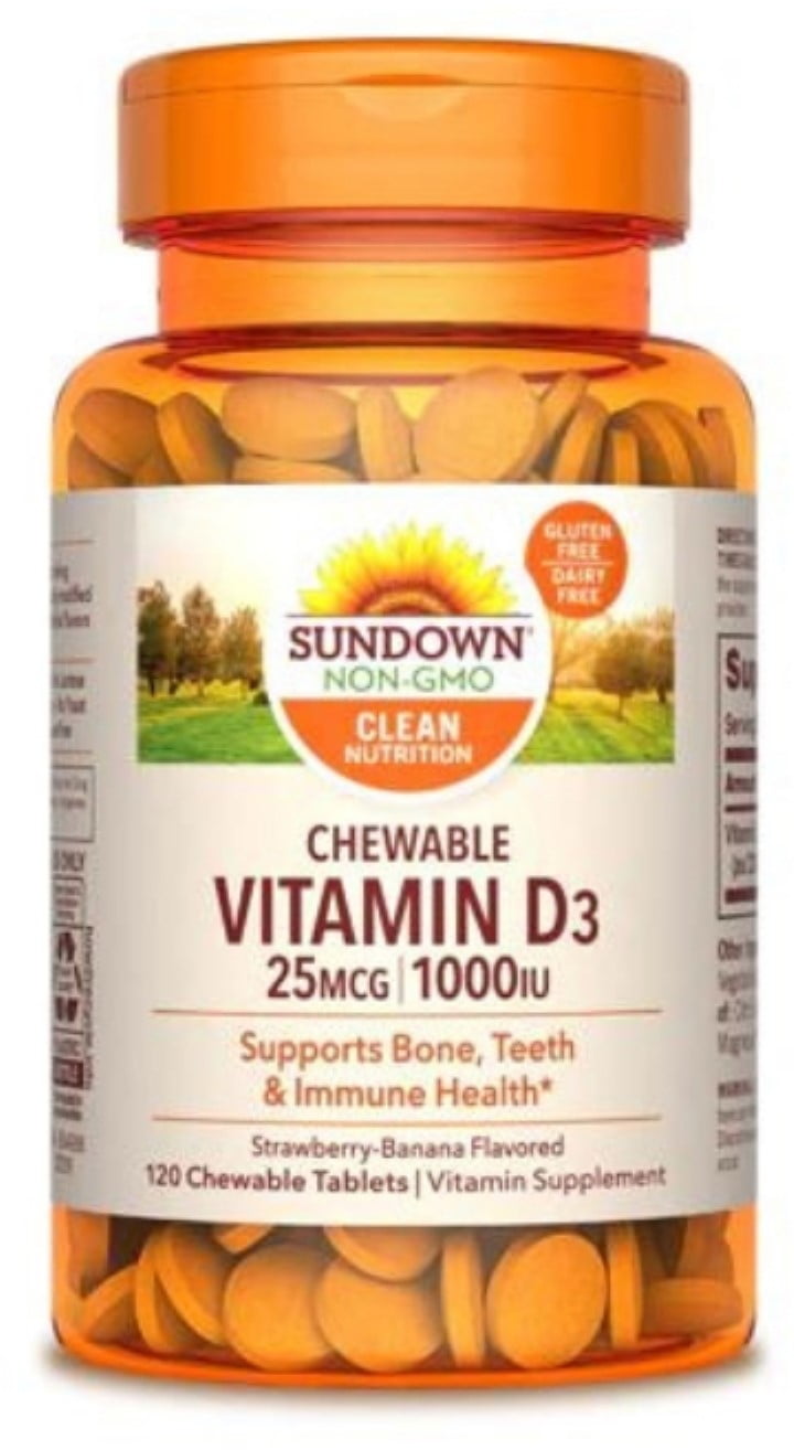 Sundown Naturals Vitamin D3 1000 IU Chewable Tablets Strawberry-Banana Flavor 120 Tablets