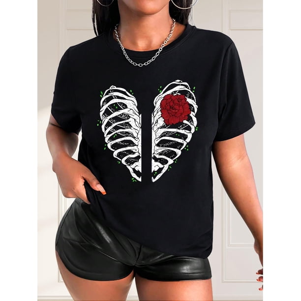 Skeleton And Rose Print Casual Sports Tee, Fashionable Short Sleeves Workout T-shirt Top, Women's Activewear