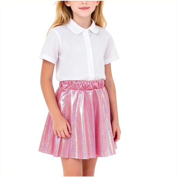 Kilaqueen Girls Shimmer Pleated Skirt with Elastic Waist, Metallic A Line Mini Skater Skirt for Parties, Dance, Performances and Holiday Outfits