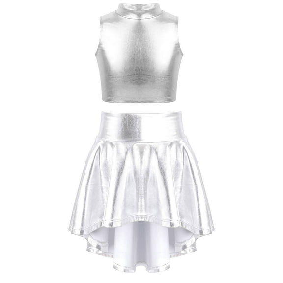 CHICTRY Girls Glossy Metallic Crop Tank Top with Pleated Skirt Teens Juniors Jazz Hip Hop Dance Performance Costume Silver 14