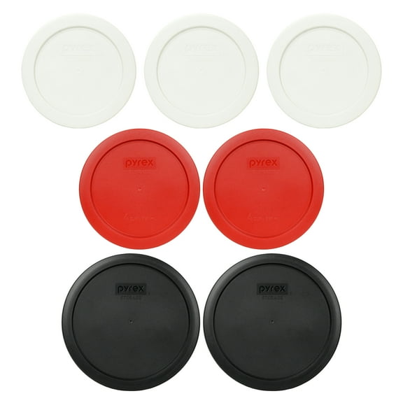 Pyrex (3) 7200-PC White Lids, (2) 7201-PC Poppy Red Lids, and (2) 7402-PC Black Lids