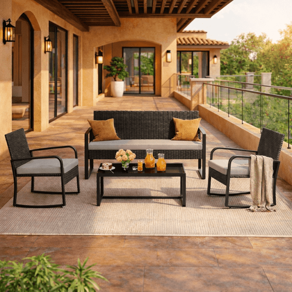 4-Piece All-Weather Steel Patio Conversation Set - Thick Cushioned Outdoor Sofa with Tempered Glass Coffee Table, Waterproof Backyard/Porch/Balcony/Poolside Furniture Beige