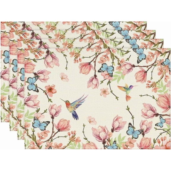 Flowers Bird Butterfly Spring Placemats Set of 4, 12x18 Inch Seasonal Summer Table Mats for Party Kitchen Dining Decoration