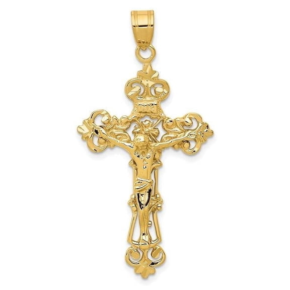 14K Yellow Gold Ornate Fleur de Lis Cross Pendant