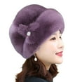 thumbnail image 2 of dianhelloya Warm hat Winter Hat Russian Faux Rabbit Fur Flower Decor Thickened Luxury Keep Warm Solid Color Autumn Winter Thermal Middle-aged Women Cap for Outdoor Purple, 2 of 8