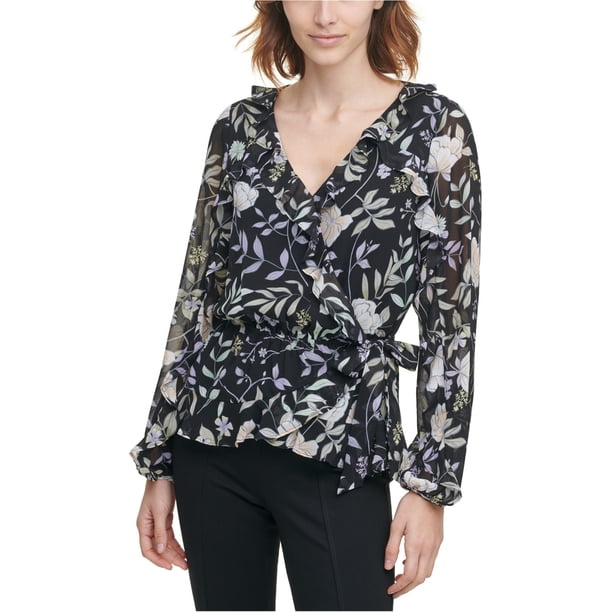 Calvin Klein Blusa con volantes florales para mujer, multicolor, pequeña