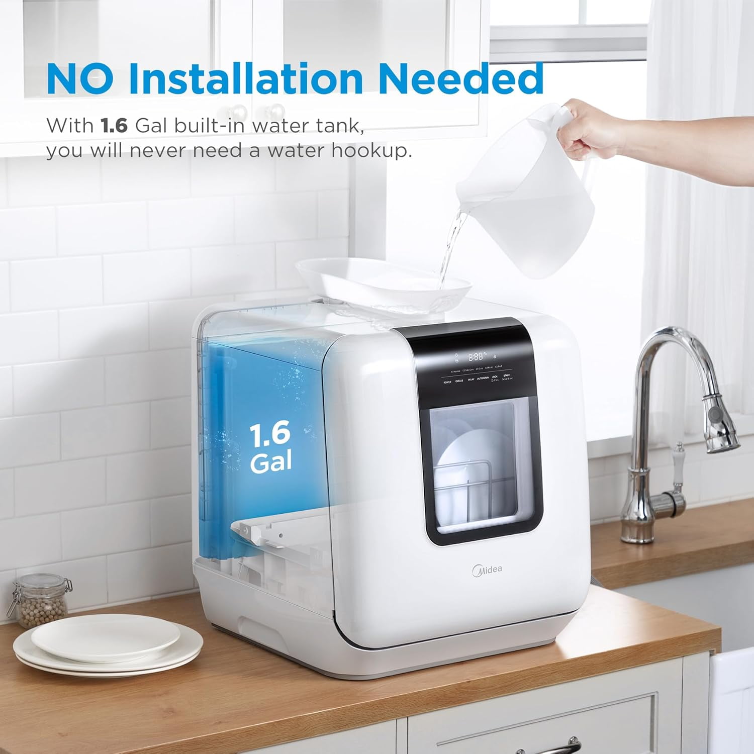 Midea Portable Countertop Dishwasher, 6-Liter Tank, Auto Open Door, 7 Wash Programs, UV Hygiene, White