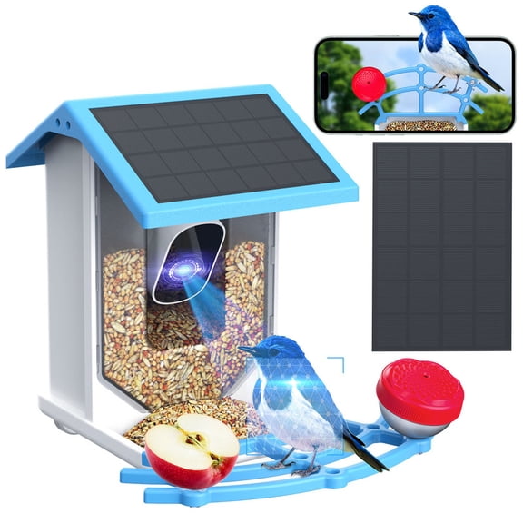 Aishkimo Smart Bird Feeder with Camera,HD Bird Camera Solar Powered, 2.4G WIFI, 10000  AI Bird Identification &Instant Alerts, 2.5L Large Container, IP66 Weatherproof, Gift for Bird Lovers, Blue