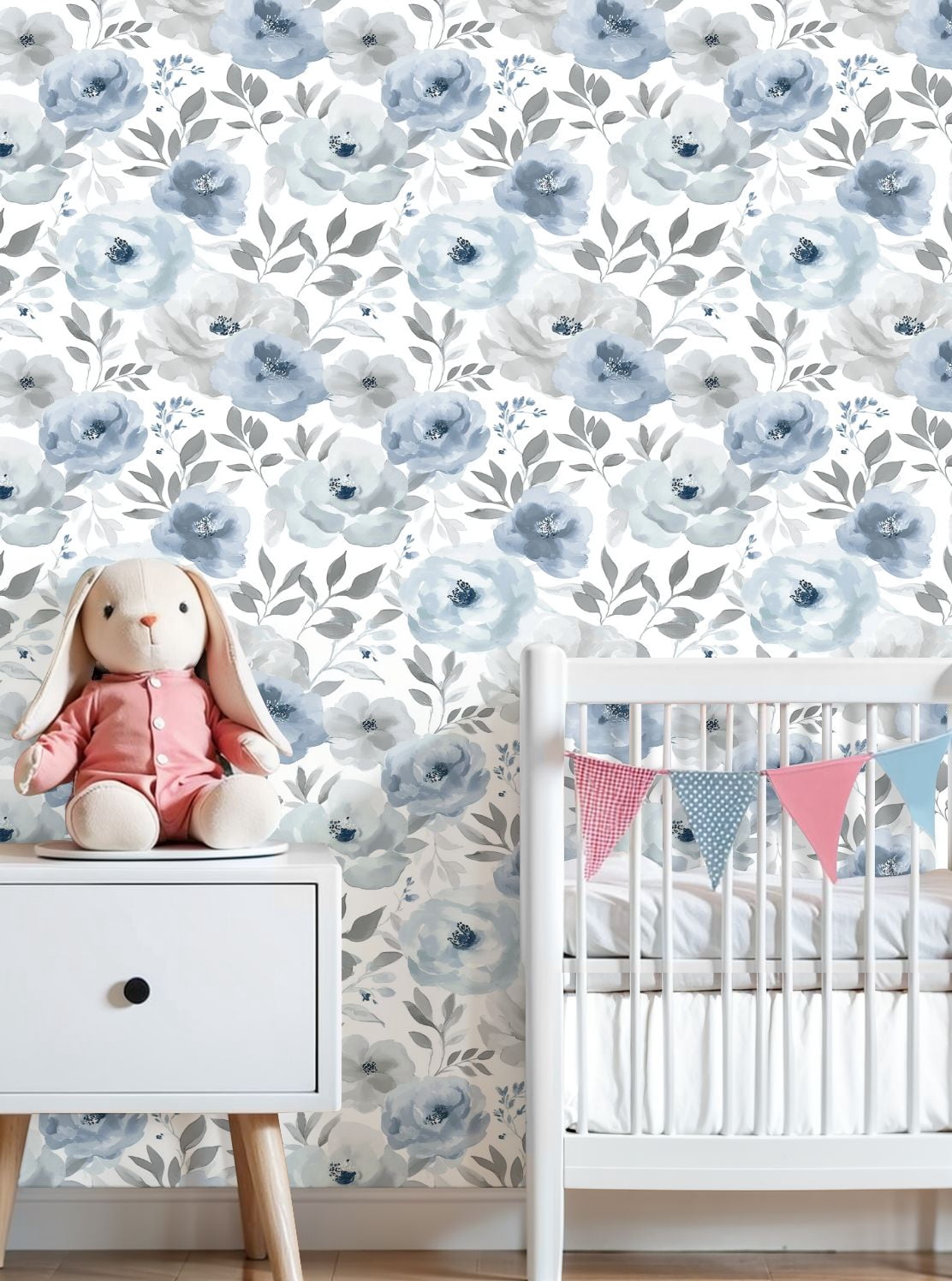 Boho Peel and Stick Wallpaper Blue Gray Floral Watercolor Peonies Leaves Contact Paper 23.6in x 9.8ft Wallpaper Removable Self Adhesive Wall Paper for Bedroom Nursery