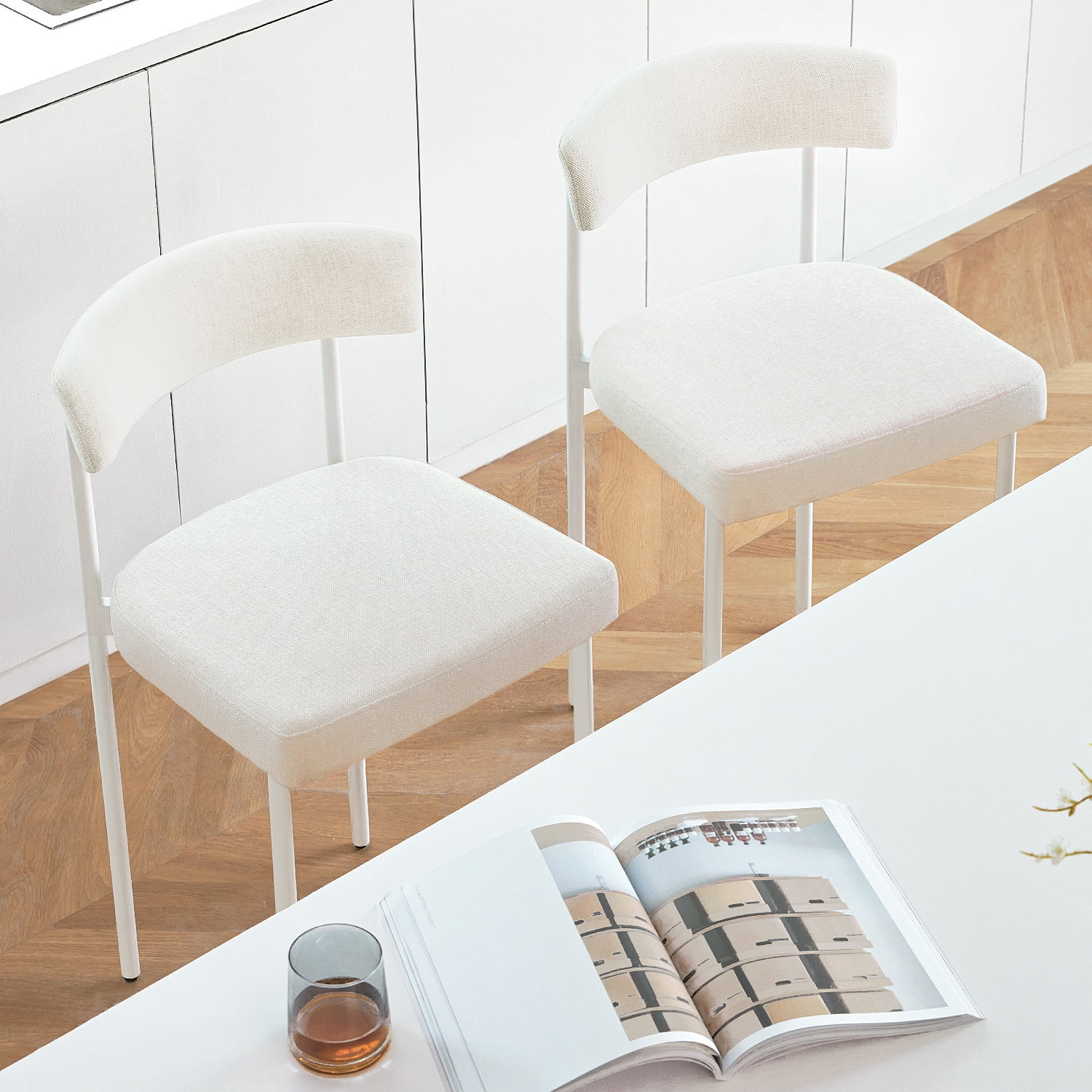 Beige Modern Bar Stools Set of 2, 24 Inch Counter Stools with Curved Backrest, Counter Height Bar Stools for Kitchen Island