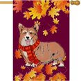 thumbnail image 1 of Fall Dog House Flag Double Sided Autumn Thanksgiving Maple Leaves Orange Burlap Yard Outdoor Decor 28 x 40 Inches Cute Pet Dog Corgi Wearing Scarf Outside Garden Banner, 1 of 5