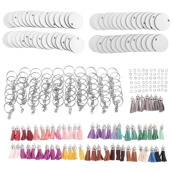 240 Pieces Sublimation Blanks Keychain Set Round Key Rings Sublimation Ornament Blanks Heat Transfer Keychain Tassels