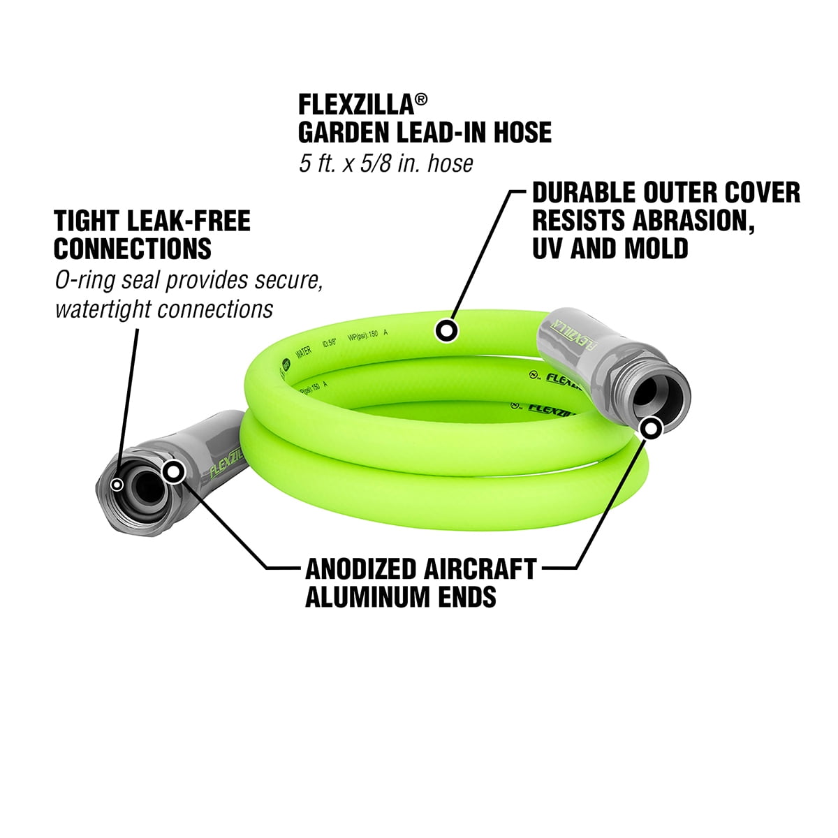 Flexzilla® Garden Lead-in Hose, 5/8" x 5', 3/4" - 11 1/2 GHT Fittings, ZillaGreen™, Hybrid Polymer
