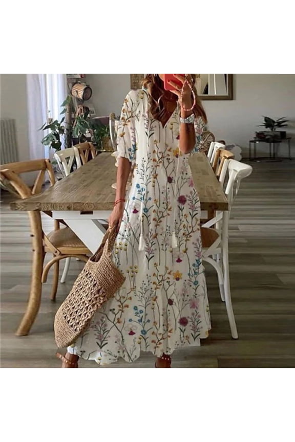 Summer Dresses for Women 2024 Oversize Fashion Casual Spring And Summer V-neck Three-quarter Sleeve Printed Dress