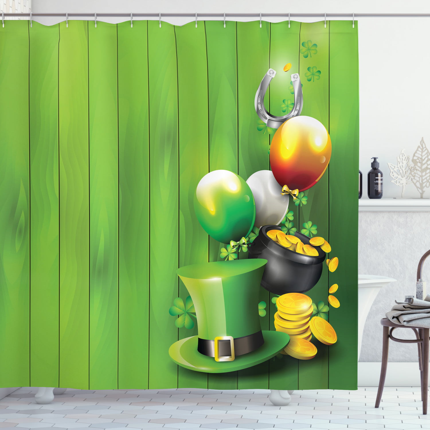 St Patrick's Day Gnome Shamrock Lucky Clovers Shower Curtain Set Bathroom Decor 