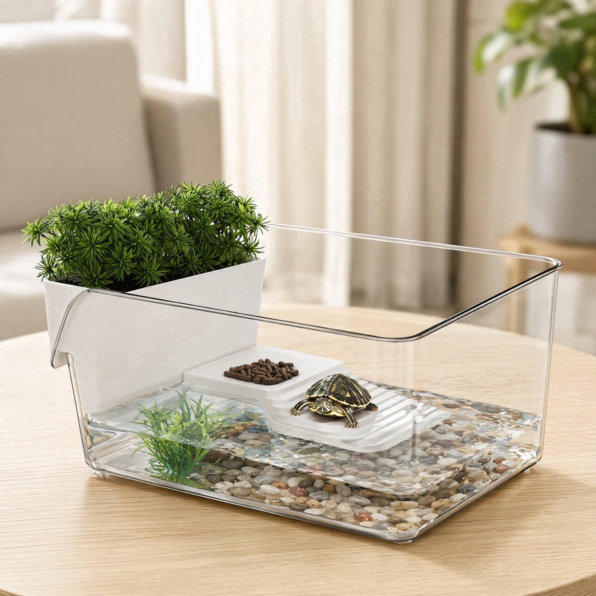 Semiaquatic Terrarium Habitat with Basking Platform and Vase for Small Turtles and Aquatic Indoor Use