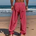 thumbnail image 3 of Resicozy Men's Linen Pants Beach Casual Cotton Summer Lightweight Elastic Waist Drawstring with Pockets Red L, 3 of 3