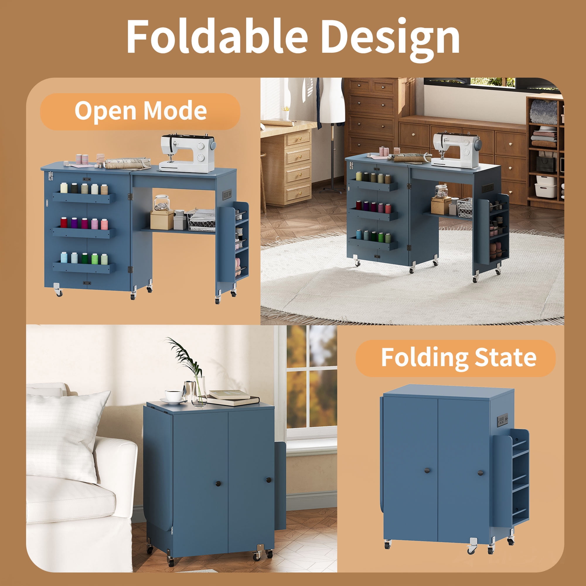 WARAYZ Foldable Space-Saving Sewing Table with Storage, Power Outlet, 6 Side Trays & Open Shelf, Lockable Wheels, Blue, 1 Count