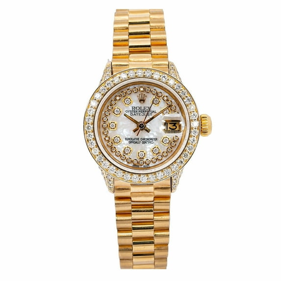 Pre-Owned Rolex Datejust 26MM 6917 Mother of Pearl Diamond Dial Diamond Bezel 18K Yellow Gold President Bracelet
