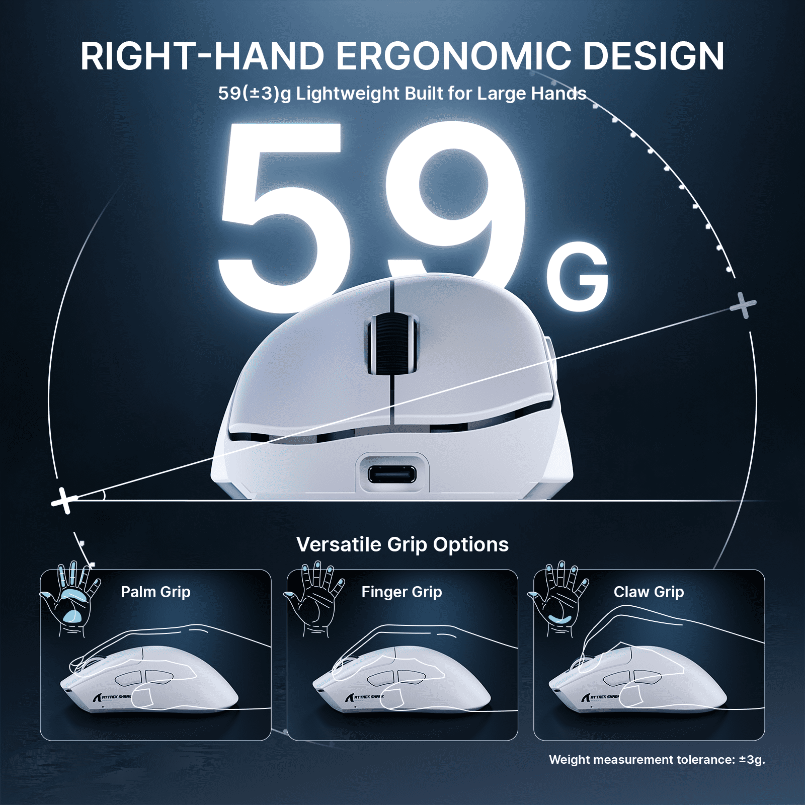 ATTACK SHARK V8 Wireless Gaming Mouse, Tri-Mode 2.4G/USB-C Wired/Bluetooth, PAW3950MAX Sensor, 42000 DPI, Dual 8000Hz Polling Rate, 59g Lightweight Design, PC/Mac Compatible, White