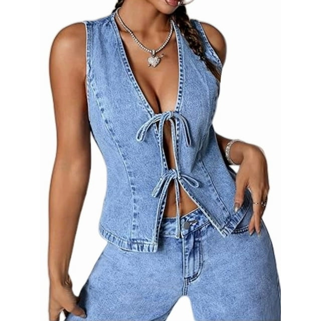 Gilet en Denim Sans Manches pour Femme à Nouer devant, Col en V Profond, Veste en Jean Bleu Pâle m