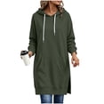 thumbnail image 2 of Xaqiouau Womens Solid Polyester Spandex Drawstring Hood Exterior Pocket Drawstring Waist Side Slit Hem Oversized Longline Long Sleeve Pullover Hooded Sweatshirt Army Green XL, 2 of 7