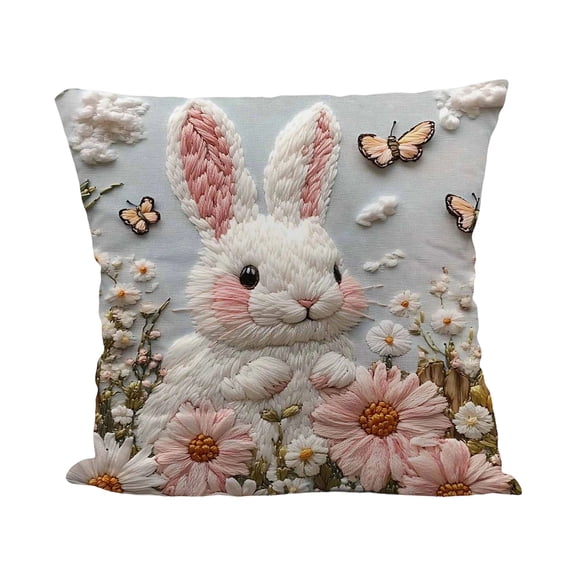 Easter Embroidered Pillow Cover 18x18 Inch, 3D Floral Bunny Linen Cushion Case for Spring Sofa Home Easter Decor