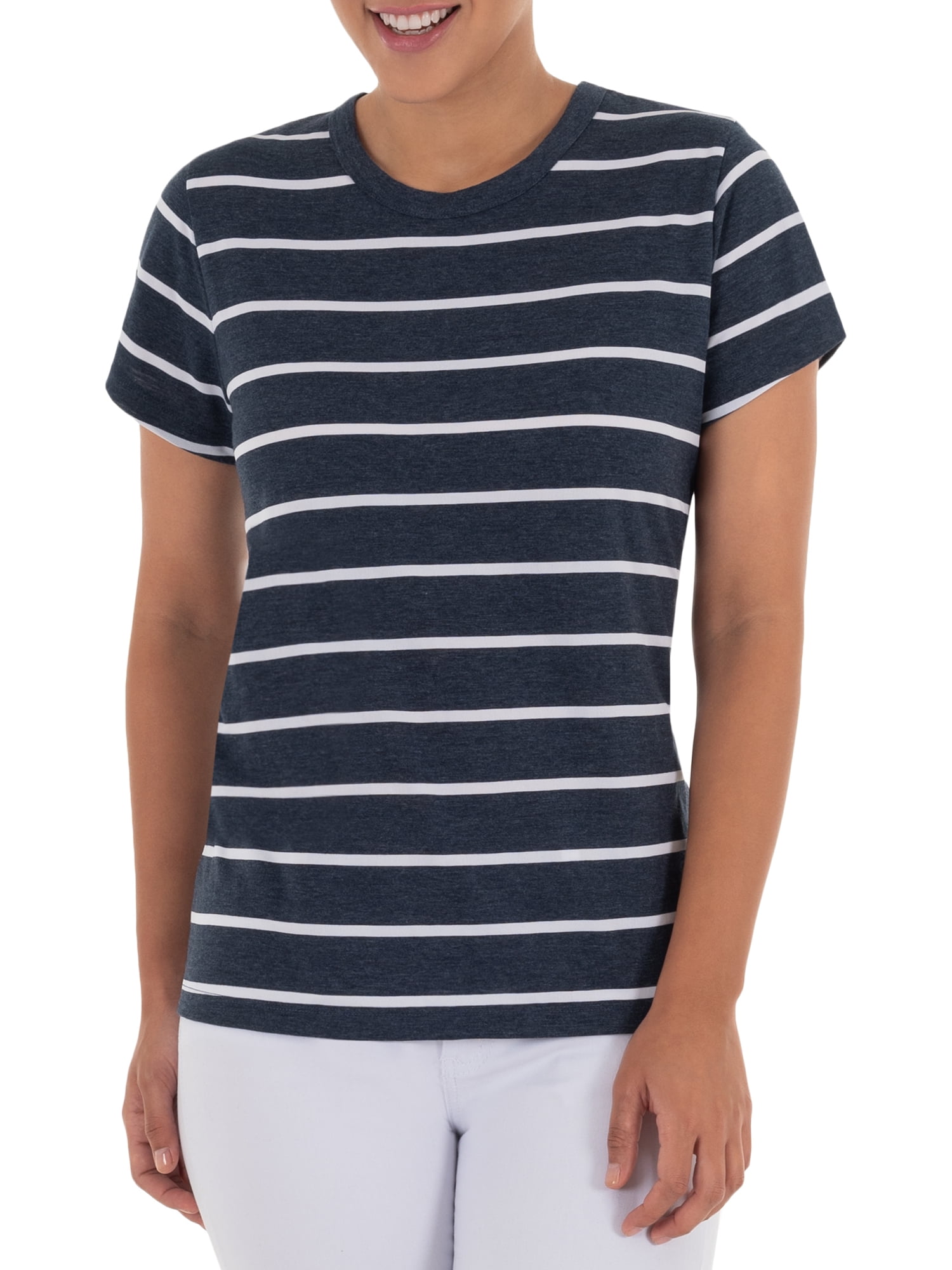 Time and Tru Women's Striped Short Sleeve Slub Crew Neck T