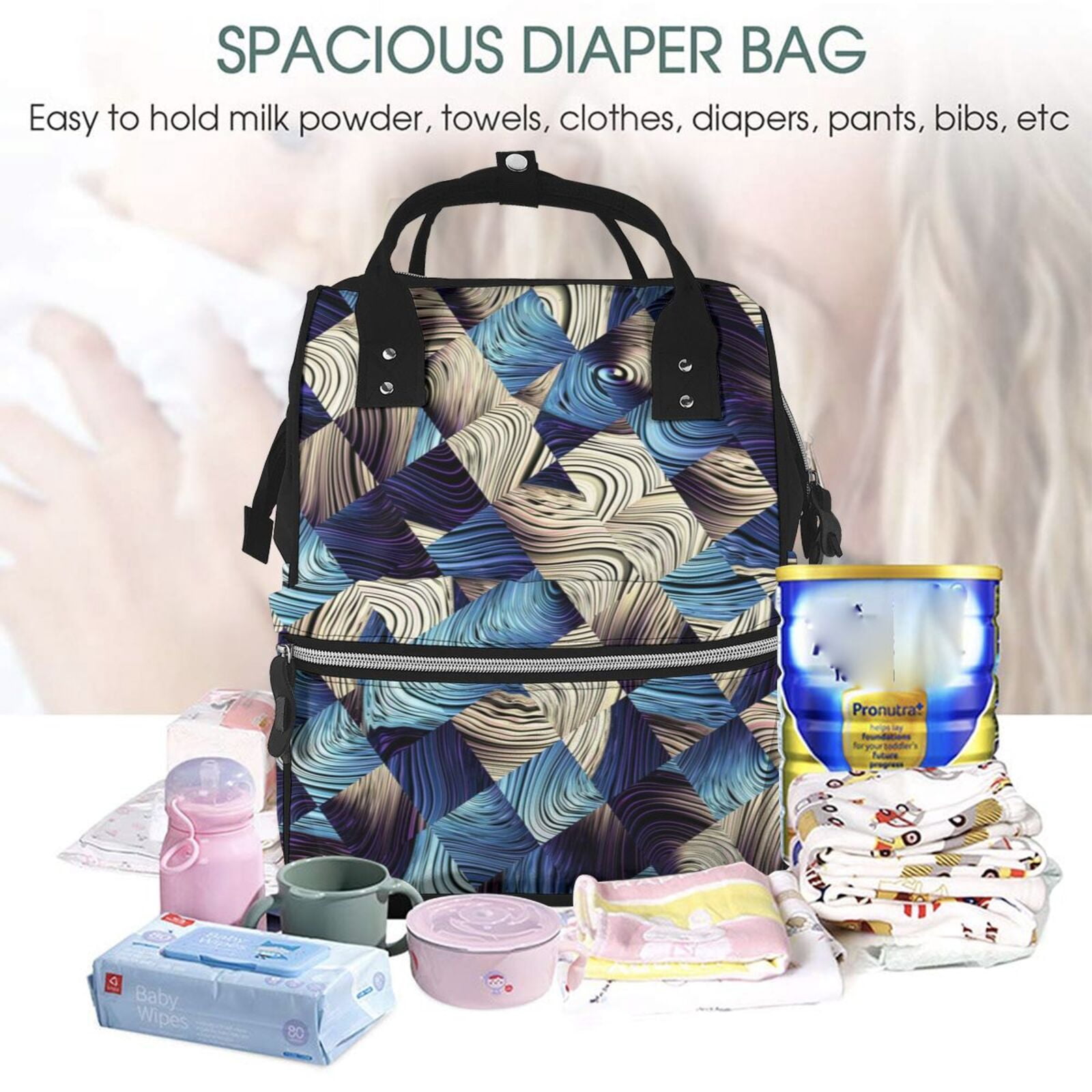 Ratiio Abstract Blue Squares Mummy Backpack - Waterproof Twill Canvas, Large Capacity Diaper Bag with Multiple Pockets and Adjustable Straps