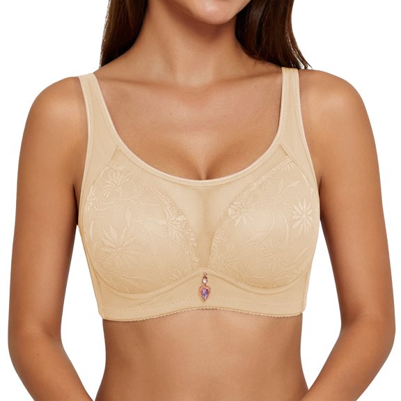 Koadzawe Women's Full Coverage Support Bra, Wireless Floral Jacquard Bra with Mesh Panel, Wide Straps and Soft Cups for Everyday Comfort, Light Support and All Day Wear Beige L