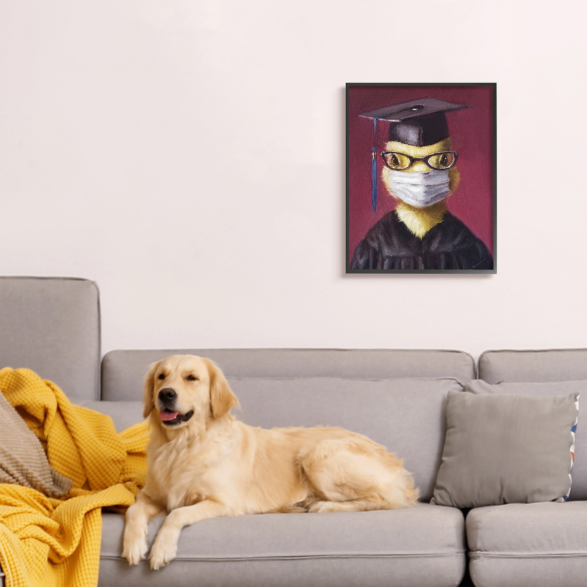 Stupell Industries Duckling Bird Graduate Face Mask over Red Animals & Insects Painting Black Framed Art Print Wall Art, 24 x 30