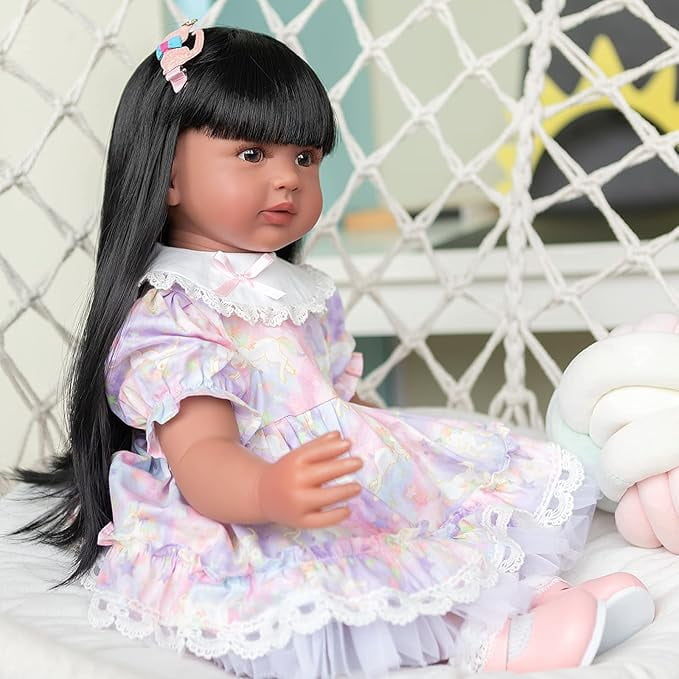 iCradle Finished 24 inch 58cm Lovely Reborn Baby Dolls Girls Toddler Realistic Looking Lifelike Baby Dolls Vinyl Soft Cloth Body Brown Eyes Newborn Babies Xmas Birthday Gift for Kids 3+