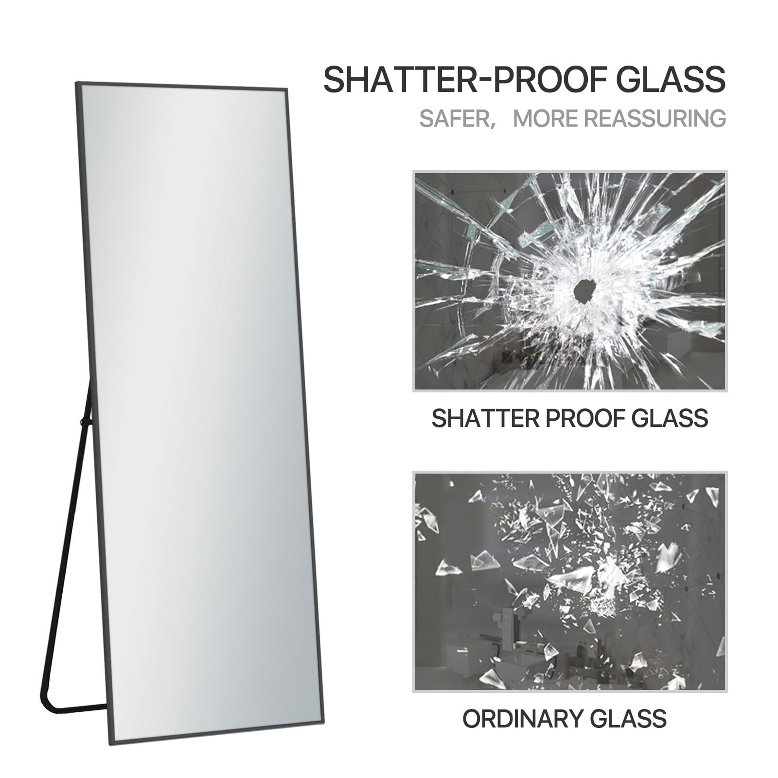 MAYEERTY 65"×22" Black Aluminum Slim-Frame Rectangular Full-Length Mirror Stable Stand for Bedroom