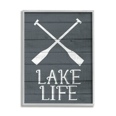 Stupell Industries Nautical Blue Lake Life Phrase Rustic Boat Oars Gray Framed by Kim Allen