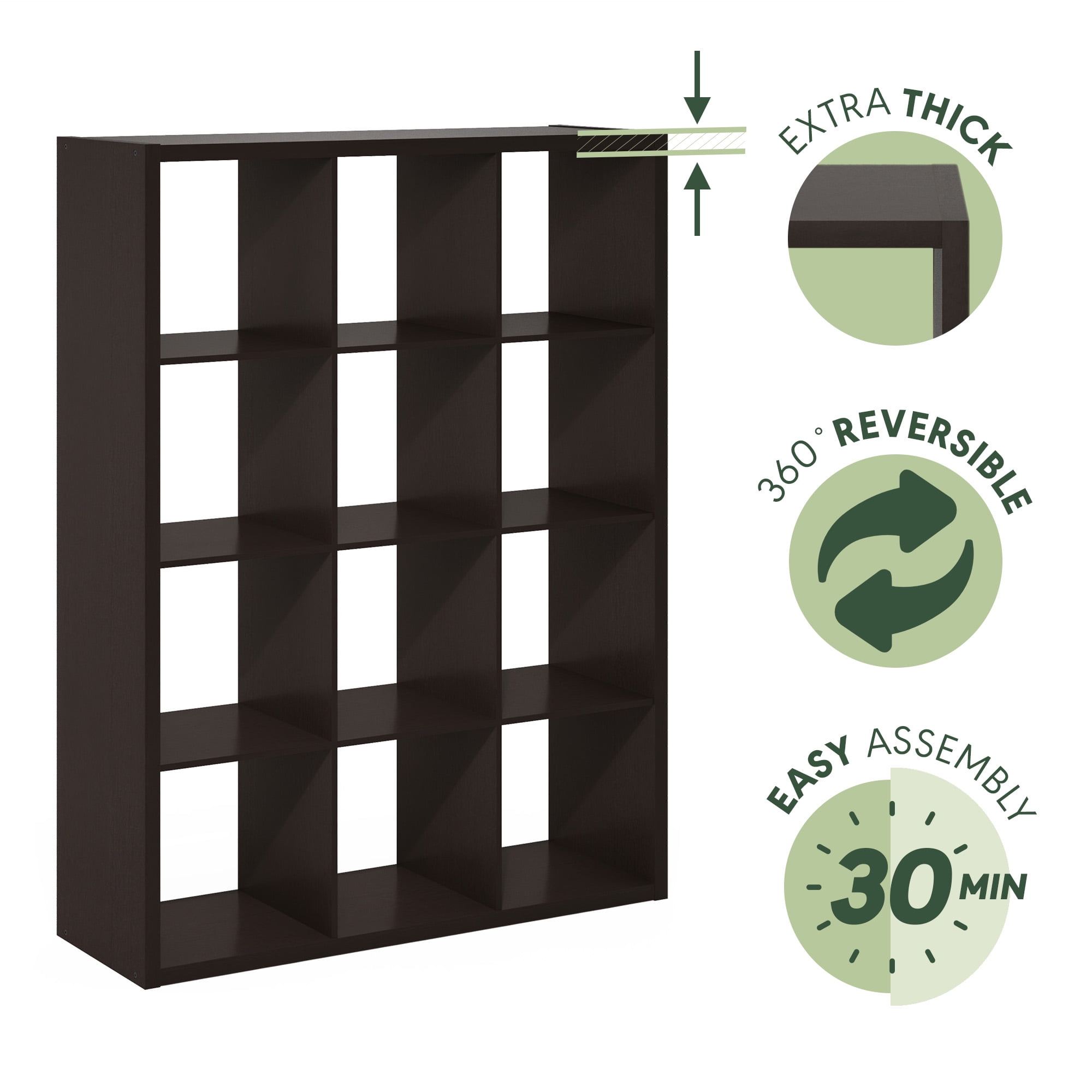 Furinno CUBICLE Book Shelf, 12-Cube Thick Frame Bookshelf, Reversible Bookcase with Open Back, 14.6 x 43.8 x 58, for Living Room, Bedroom, Home Office, Black Dark Oak