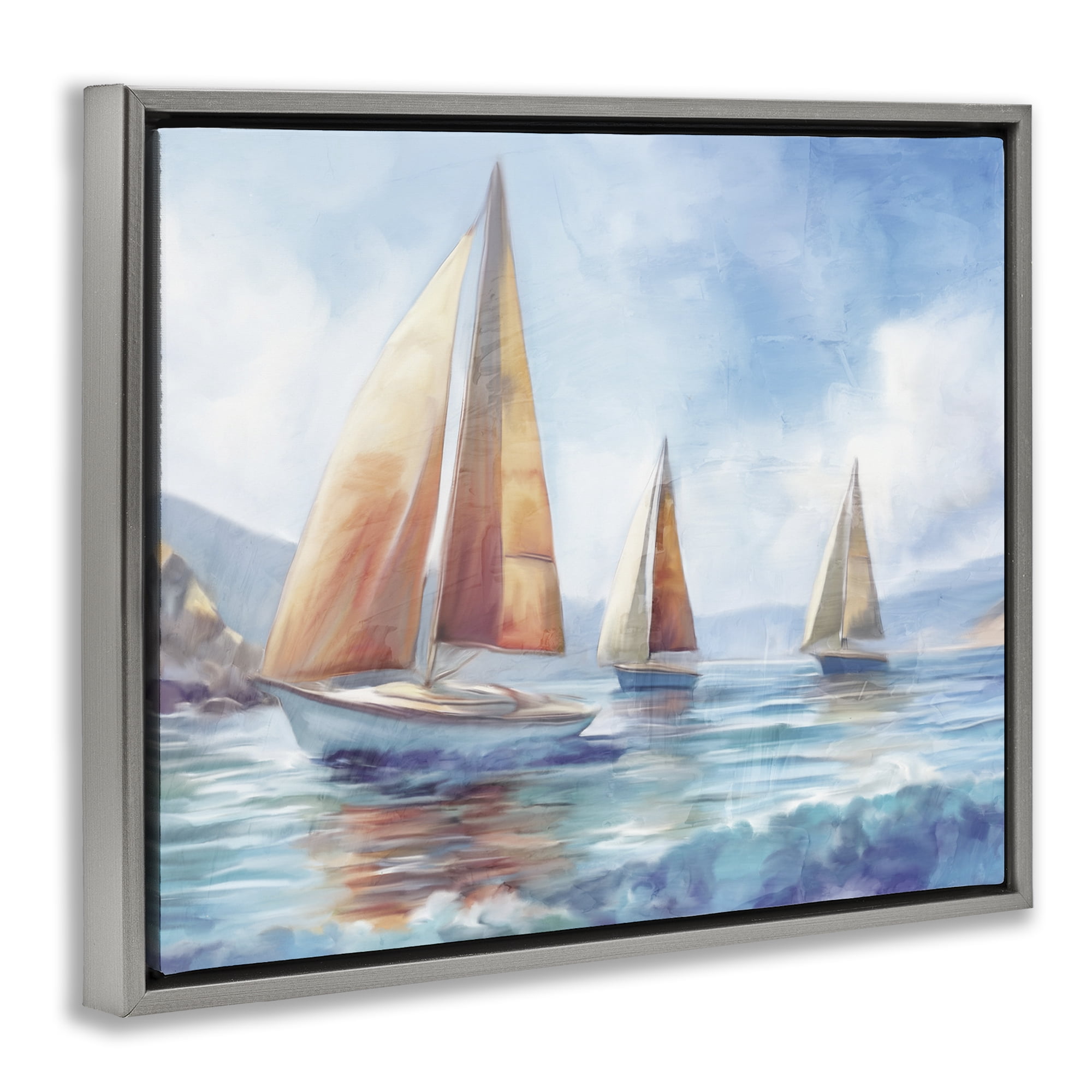 Stupell Industries Three Boats Drifting Coastal Painting Gray Floater Framed Canvas Art Print Wall Art, 21 x 17