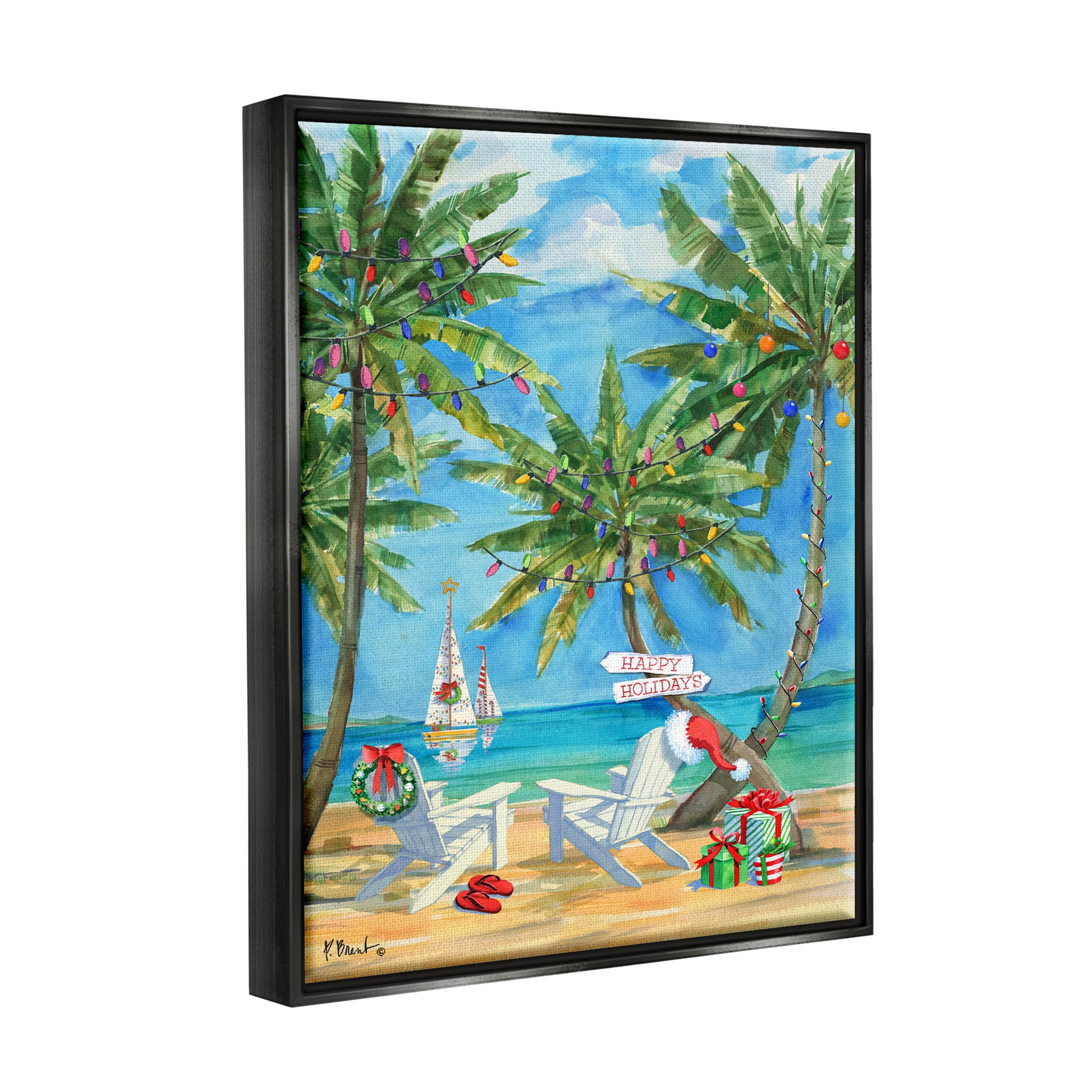 Stupell Industries Holiday Palms Warm Island Winter Painting Jet Black Floating Framed Canvas Print Wall Art, Design by Paul Brent