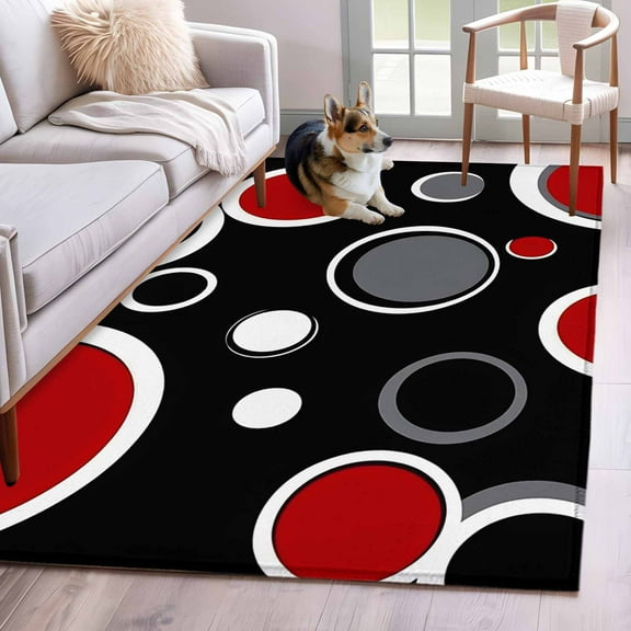 Geometric Red Area Rug 3x5 Washable Rug Non Slip Modern Black Grey White Abstract Circle Large Area Rug Indoor Floor Carpet for Entryway Bedroom Kitchen Living Room Home Office Dining Room Nursery