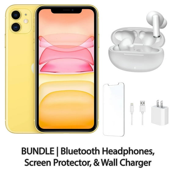 Restored Apple iPhone 11 128GB Yellow Fully Unlocked Bundle: Bluetooth Headphones, Screen Protector, & Wall Charger (Refurbished)