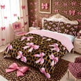 thumbnail image 2 of Meiyoeat Vintage Leopard Print Duvet Cover King,Pink Ribbon Bow King Bedding,Brown Black,3 Pieces,No Comforter, 2 of 6