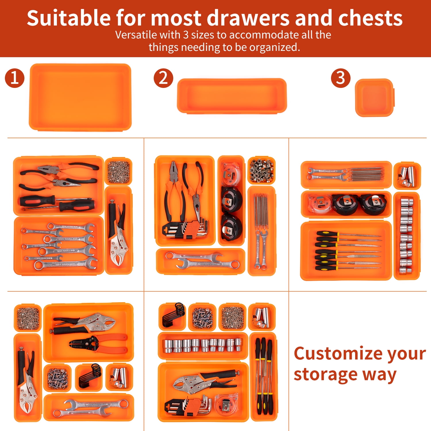 HAIDAIYA 45 Pack Drawer Organizer Trays Set, 3 Sizes Plastic Divider Storage Bins for Desk, Makeup, Tool Box, Jewelry (Orange)