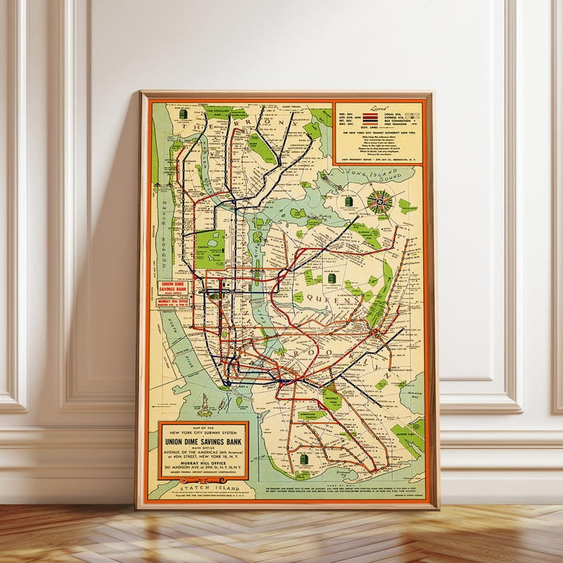 LAVIE Vintage NYC Subway Map Poster: Historical Transit Art No Frame
