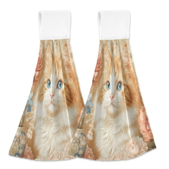BZSMCE Hanging Hand Towels Fashion Fluffy Companion with Blooms Pattern 2-Pack - Velcro Style Bathroom Kitchen Towels