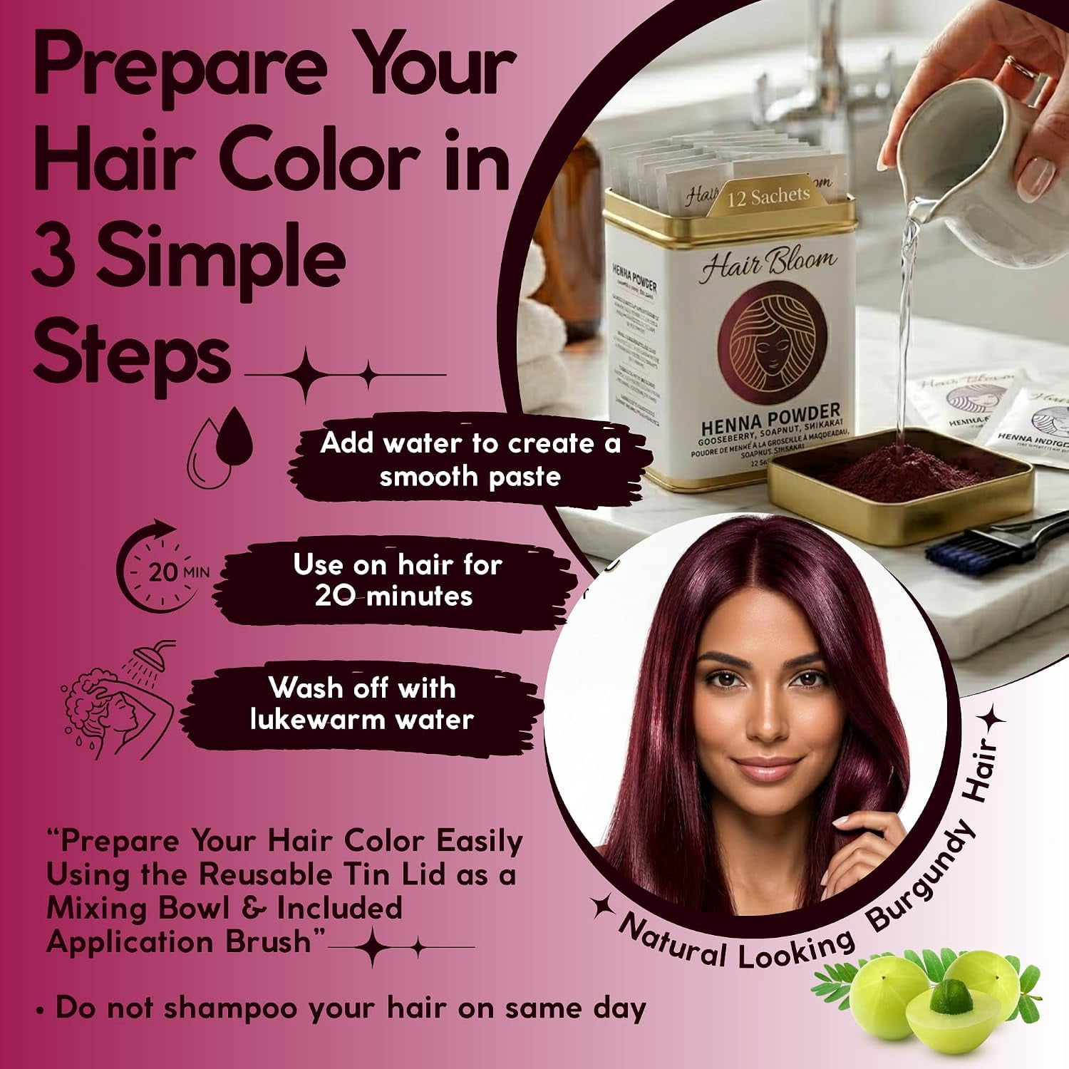 Pride Of India - Hair Bloom Natural Burgundy Hair Color- Herbal Henna Burgundy Hair Color| Net WT 120 GMS  Powder-12 Ct, 10 Gms Sachets-Reusable Brush And Tray Included- Shiny And Smooth