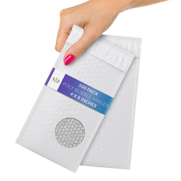 Poly Bubble Mailer 4" x 8", Pack of 500 White Padded Envelopes, Waterproof Bubble Mailers Padded, Tear-Proof Padded Mailing Envelopes