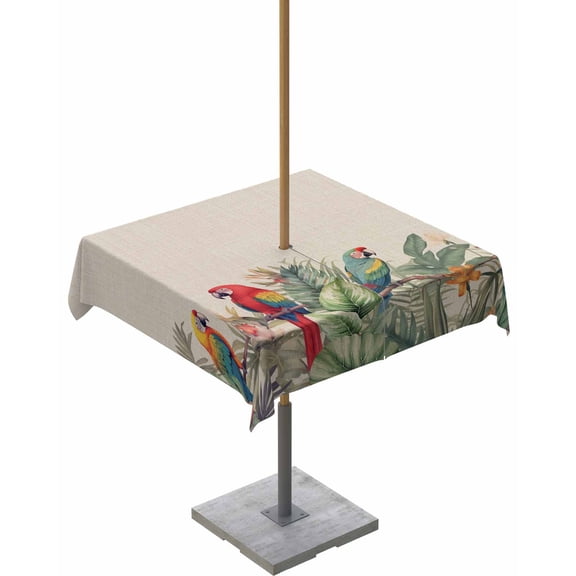 Fsddascl Summer Botanical Outdoor Tablecloth - 54x54 Inch Square Dining Table Cover, Rustic Tropical Plants Birds Waterproof Outdoor Table Cloth with Umbrella Hole & Zipper for Picnic/Patio/Party