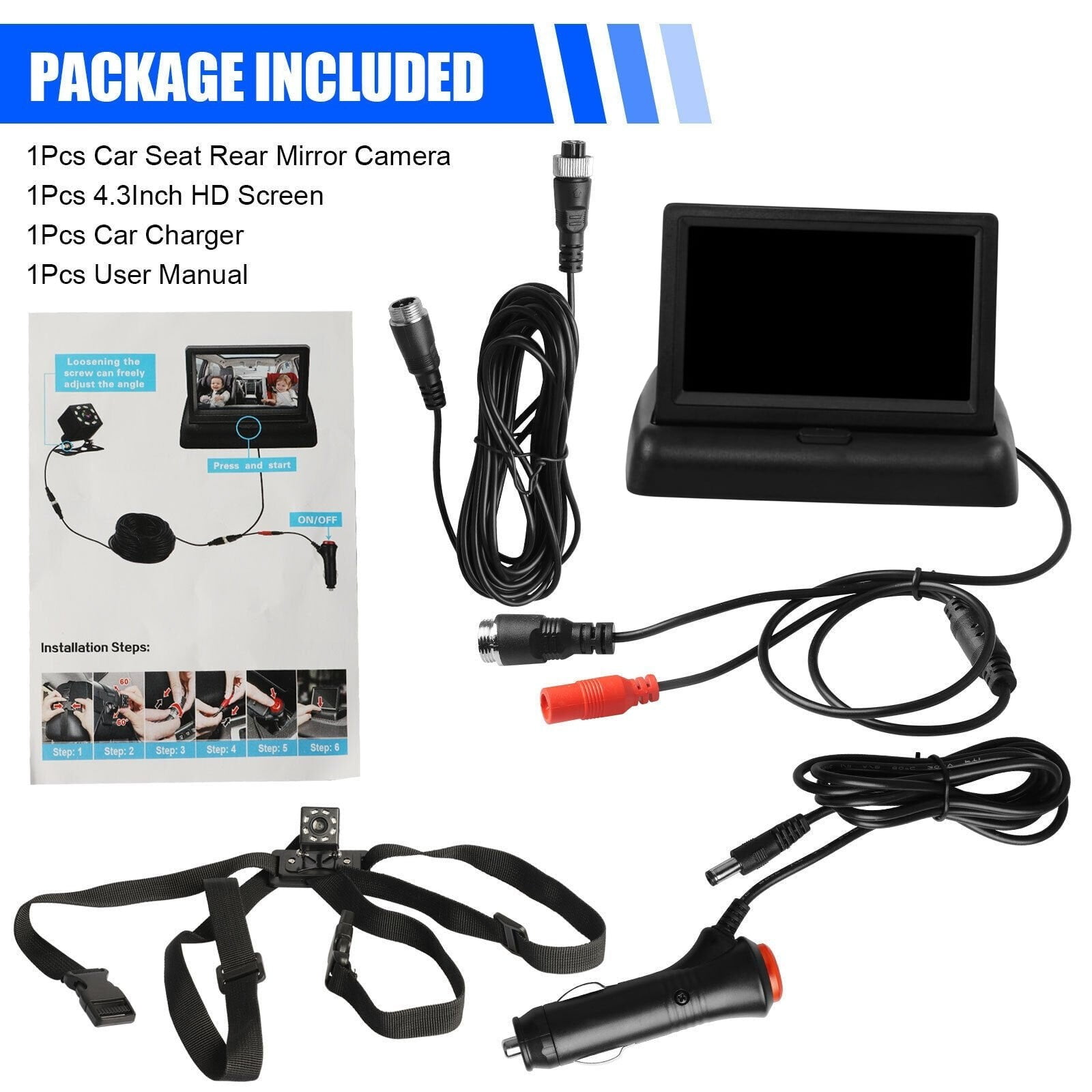 Ckraxd Car Seat Rear View Monitor Camera 4.3in HD Display Night Vision Adjustable Easy Install Safe Driving Accessory
