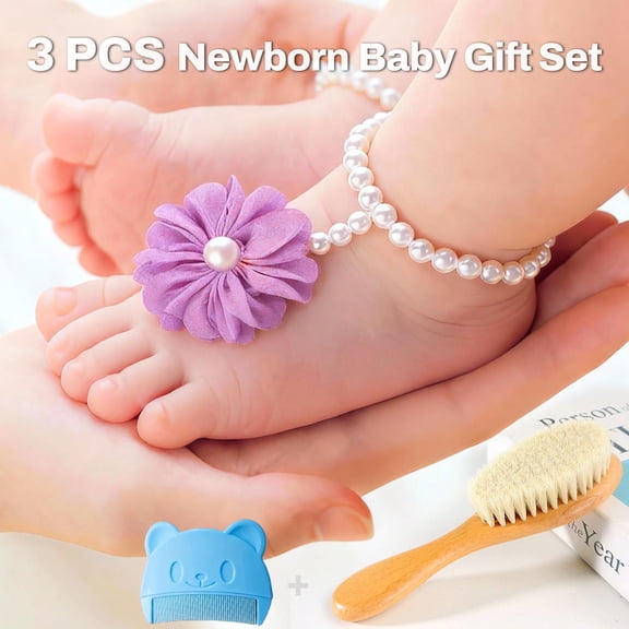 Baby Gift Set for Newborns, Pearl Anklet with Headband or Wooden Comb Set, 2 or 3 Pieces