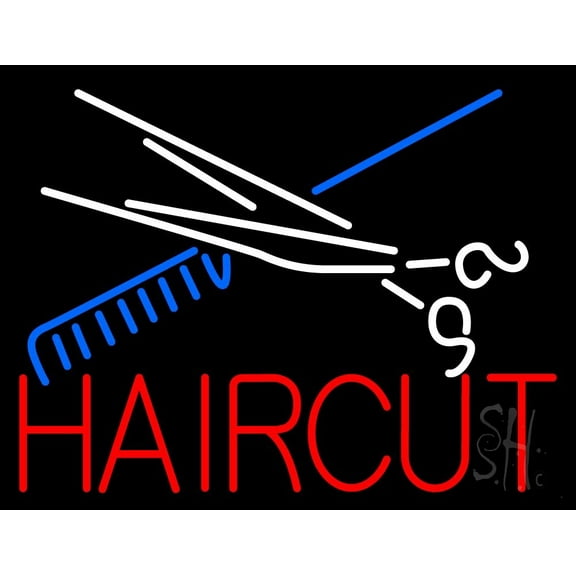 Scissor And Comb Haircut LED Neon Sign 24 x 31 - inches, Black Square Cut Acrylic Backing, with Dimmer - Bright and Premium built indoor LED Neon Sign for Defence Force.