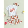 thumbnail image 3 of Bagilaanoe 2pcs Toddler Baby Girl Long Pants Set Letter Print Short Sleeve T-shirt Tops + Flower Flare Trousers + Headband 6M 12M 18M 24M 3T 4T Kids Casual Outfits, 3 of 8